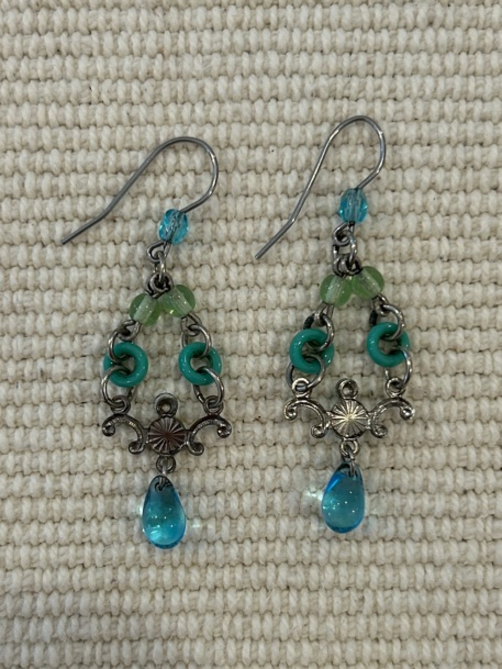 Turquoise and Green Glass Drop Filigree Earrings